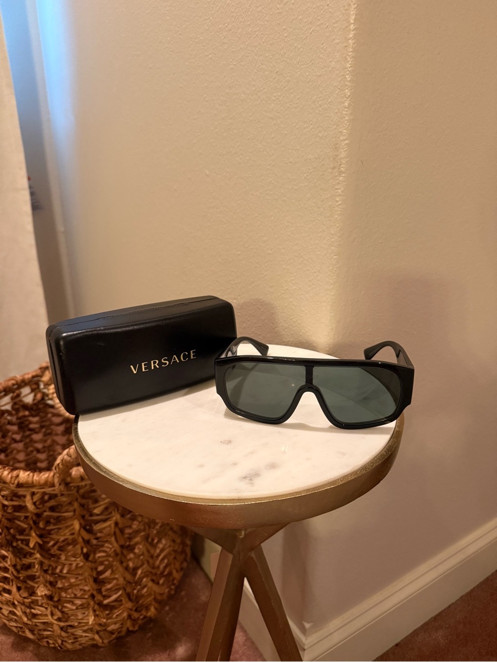 Versace Men’s Black Shield Sunglasses with Dark Green Lenses